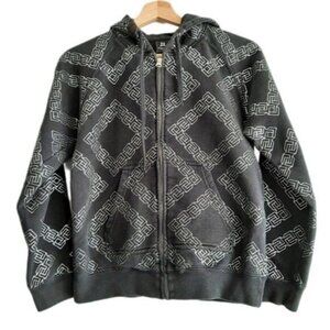 FRESHJIVE 90's Sweatshirt Hoodie Jacket Full-zip Black & Silver Geo Sz M Flawed